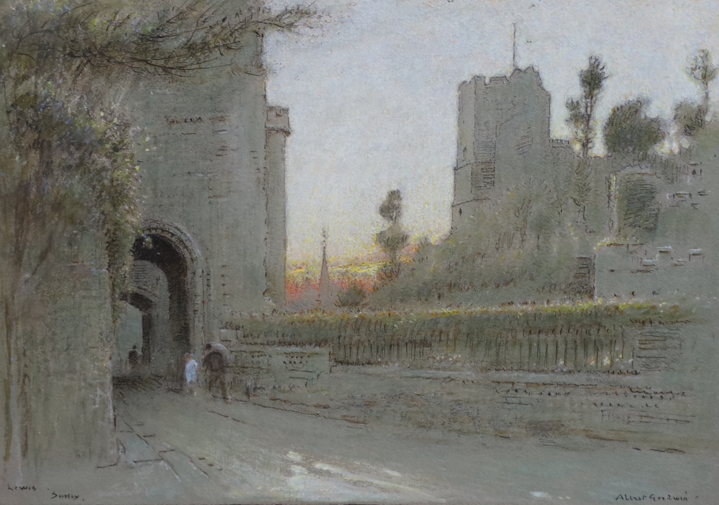 Albert Goodwin (1845–1932), 'Lewes, Sussex', ink and pastel on grey paper, 28 x 38.5cm